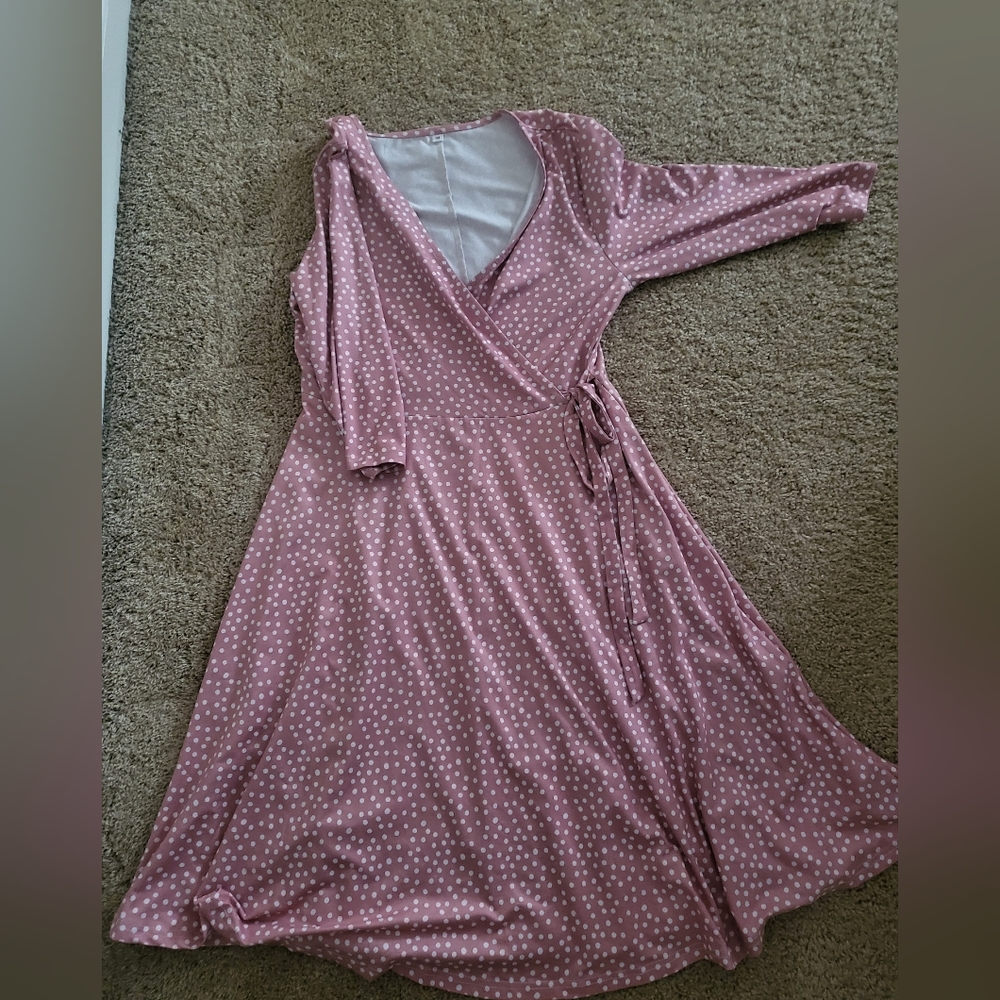 Women Faux Wrap Dress V Neck 3/4 Sleeve Midi Length Pink And White -